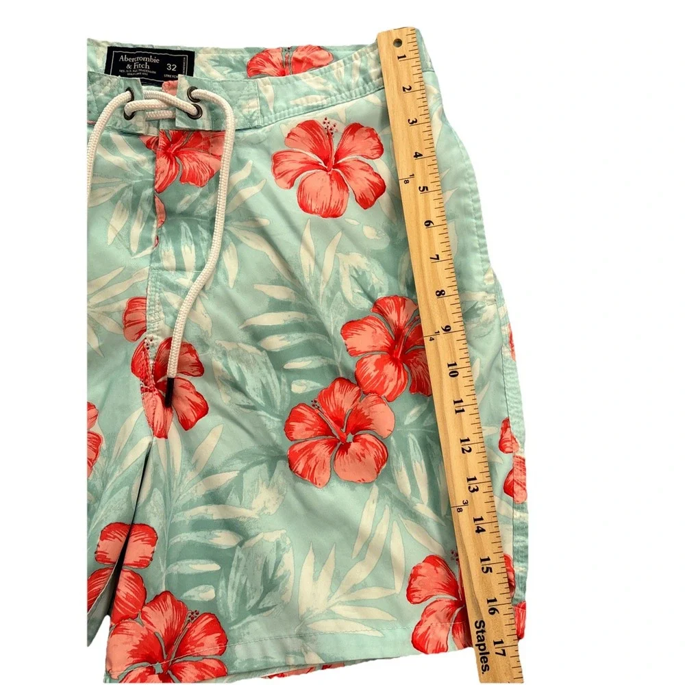 Abercrombie & Fitch Swim Trunks Mens Blue Red Excellent Hibiscus Floral 32
